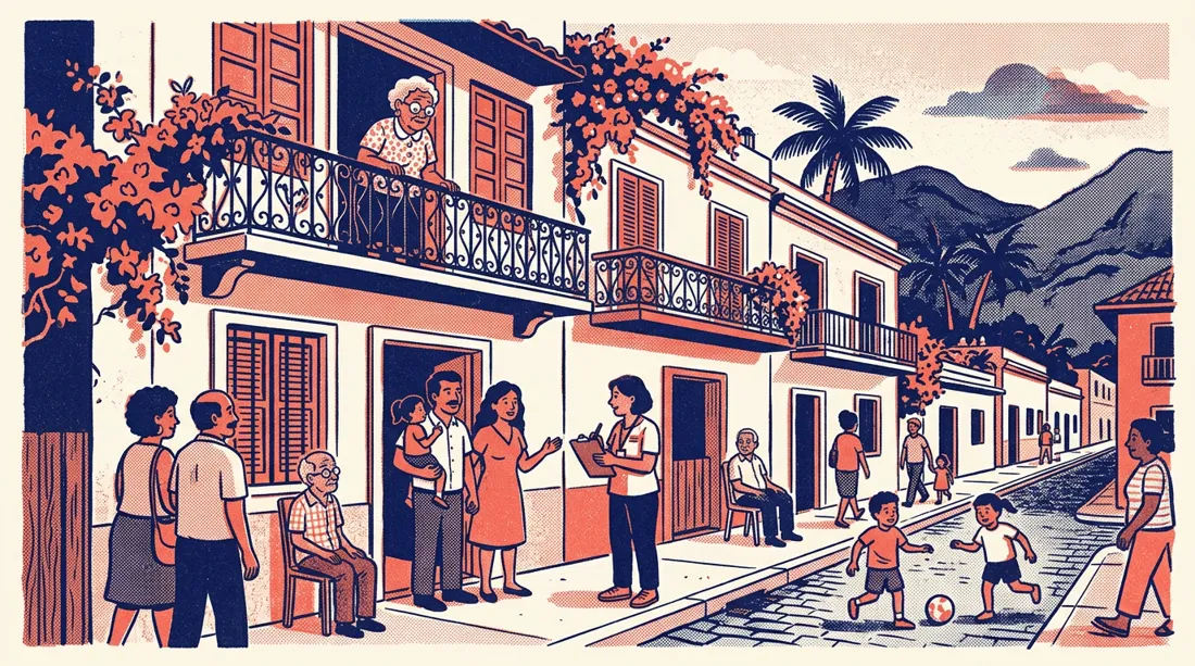 Ilustración: vecinos en una calle de Puerto Rico conversan con una voluntaria del Censo.