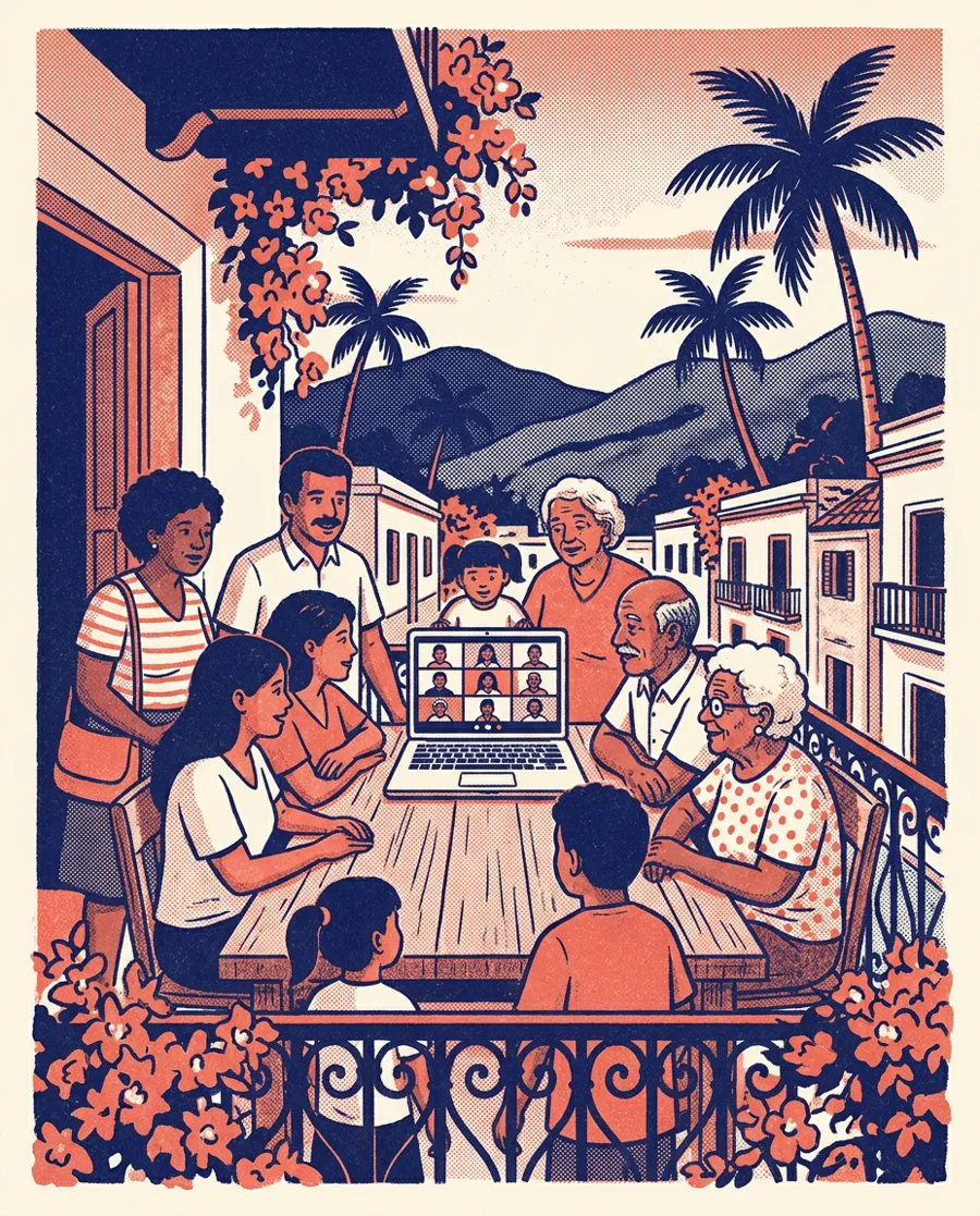 Ilustración: vecinos de distintas edades en un balcón de Puerto Rico siguen un webinar en una computadora portátil.